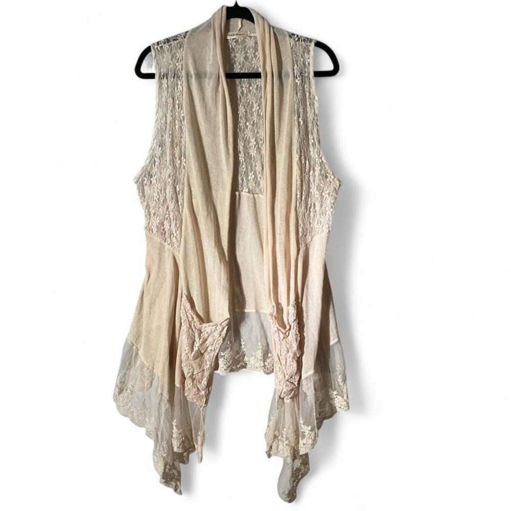 Simply Couture Cottagecore Lace Lagenlook Sleeveless Draped Sharkbite Cardigan